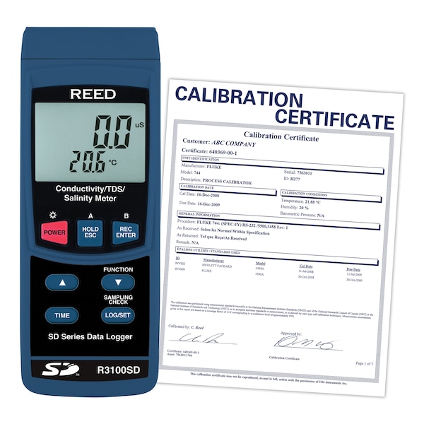 REED R3100SD Data Logging Conductivity/TDS/Salinity Meter, includes ISO Certificate